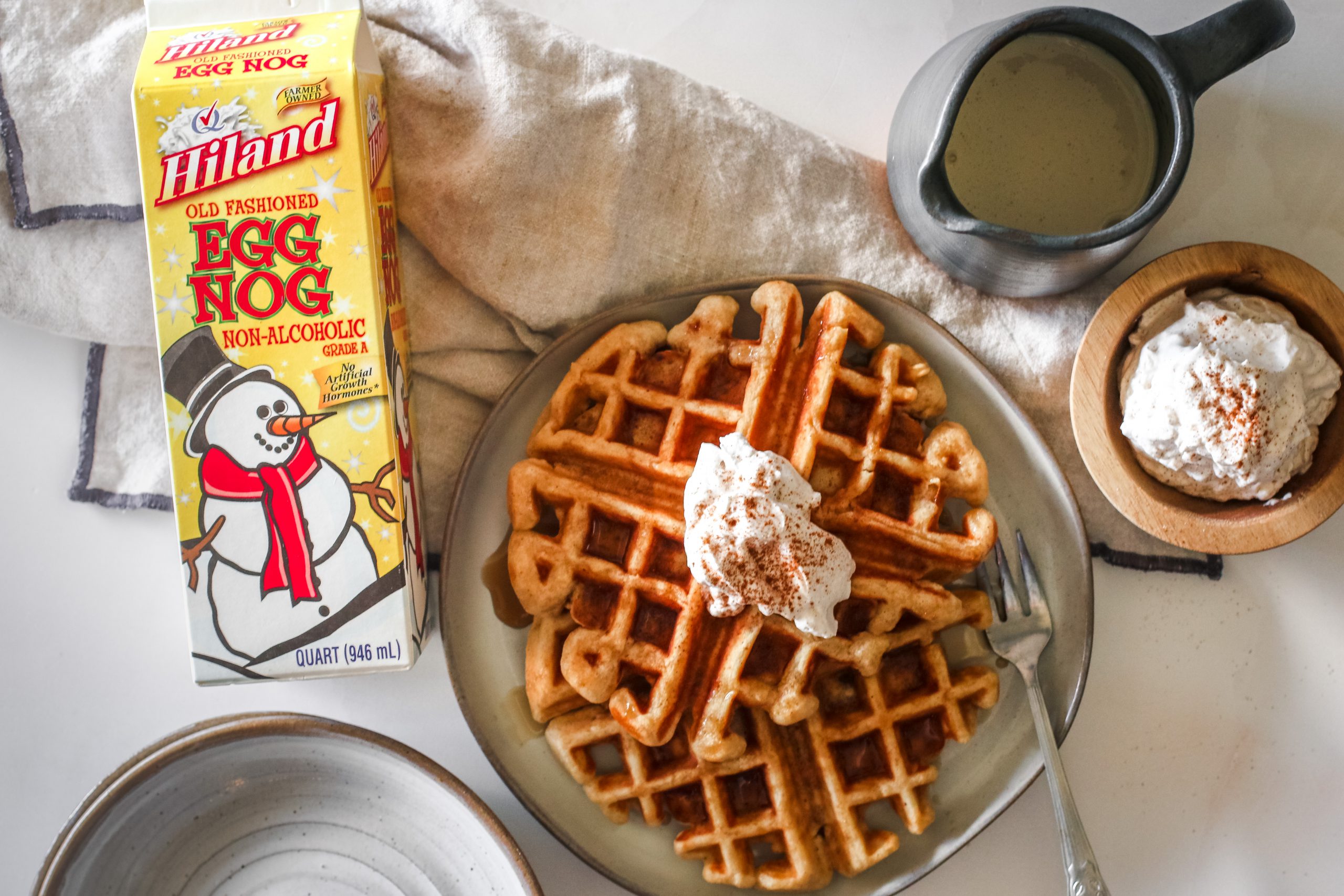 Eggnog Waffles with Cinnamon Syrup and Cranberry Cider 