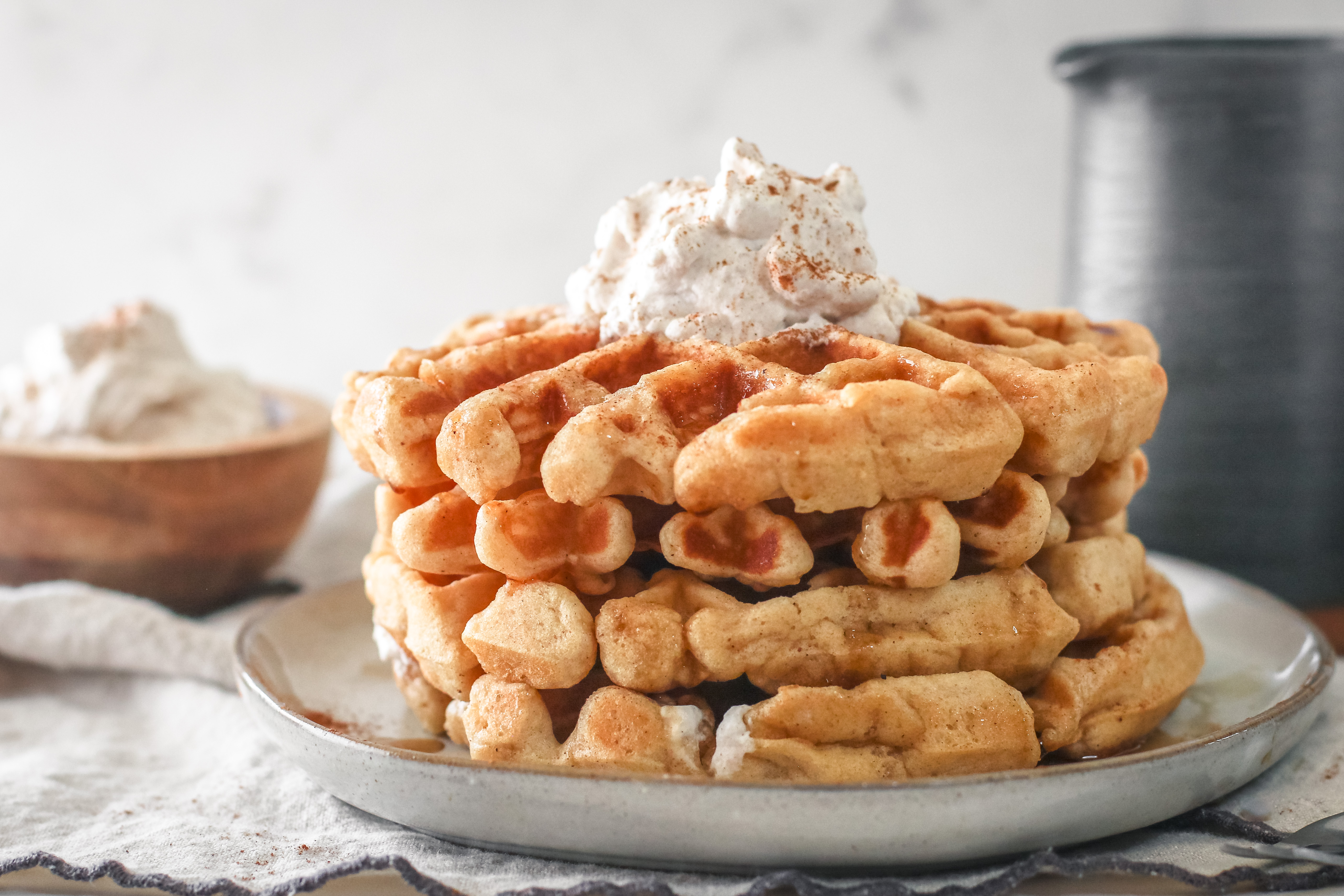 Eggnog Waffles with Cinnamon Syrup and Cranberry Cider 