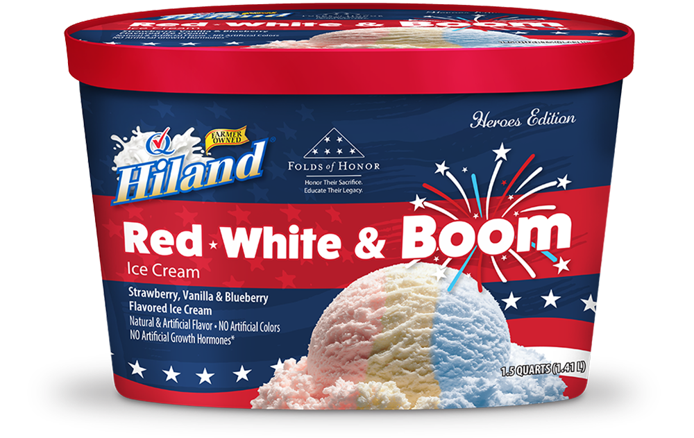 Hiland Red White & Boom Ice Cream 1.5 quart container with patriotic red lid and label featuring strawberry, vanilla, and blueberry flavors with a tri-color scoop of ice cream