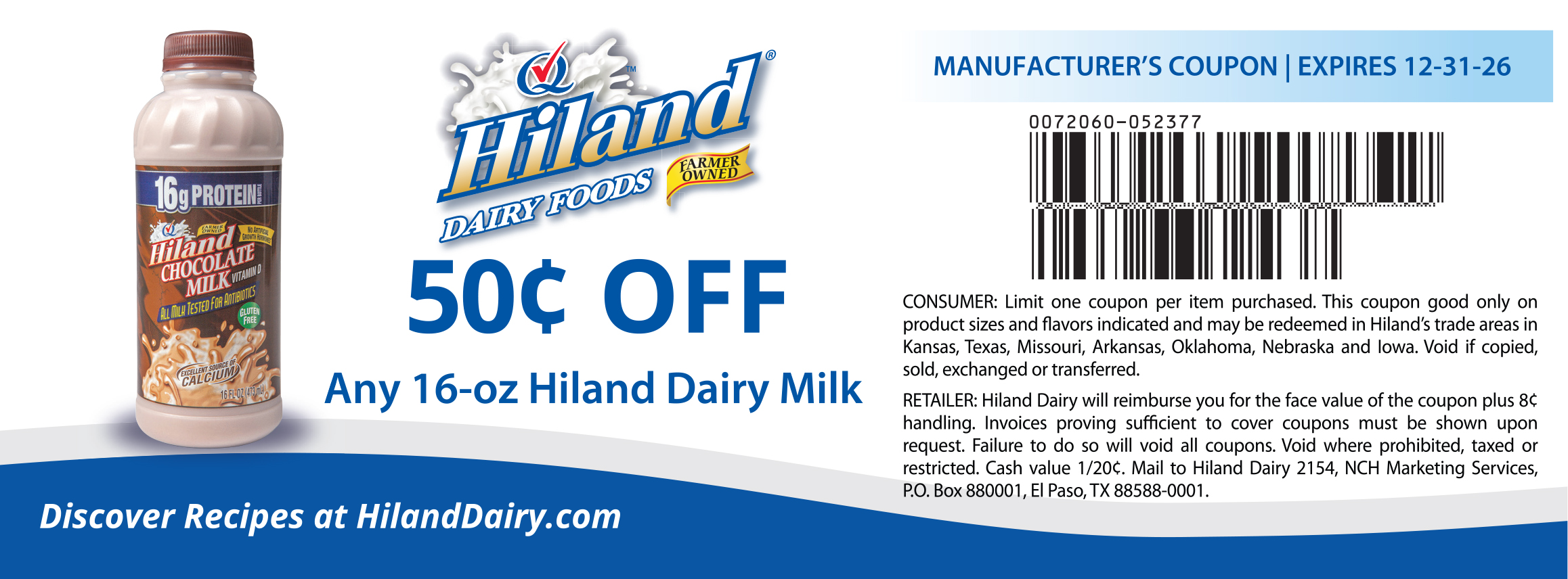 Preview of a coupon offering 50 cents off any 16-ounce Hiland Dairy milk, featuring a bottle of Hiland Chocolate Milk. Expires 12-31-26, with details and barcode.