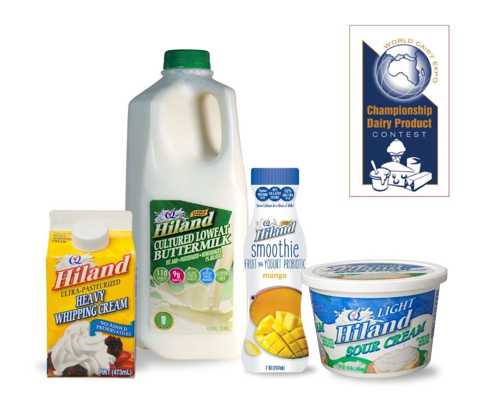 Group of dairy products and an award logo