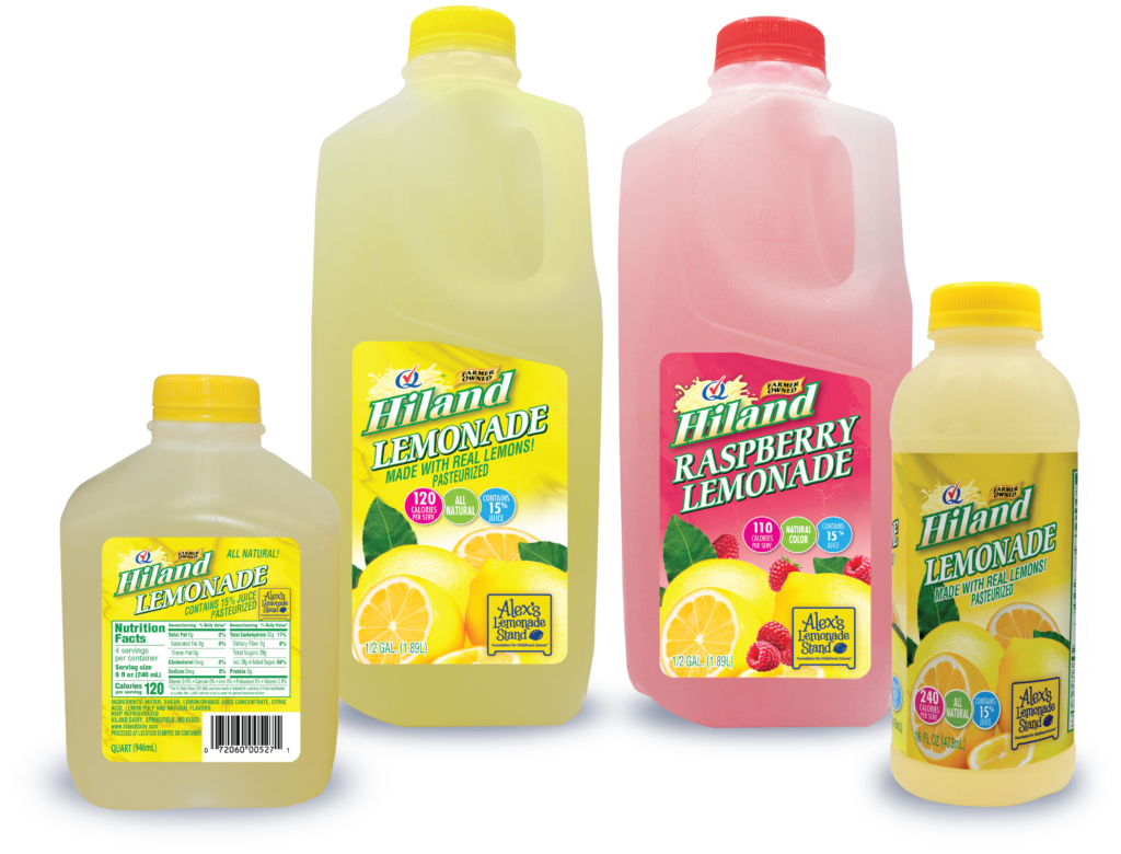 Four bottles of Hiland lemonade products are displayed, including traditional lemonade in quart and half-gallon sizes, raspberry lemonade in a half-gallon, and a single-serve bottle of lemonade, all labeled with bright, fruity graphics and the Alex’s Lemonade Stand Foundation co-brand.