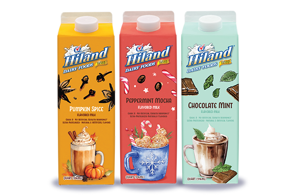 Three cartons of Hiland Dairy seasonal flavored milk: Pumpkin Spice, Peppermint Mocha, and Chocolate Mint, displayed side by side.