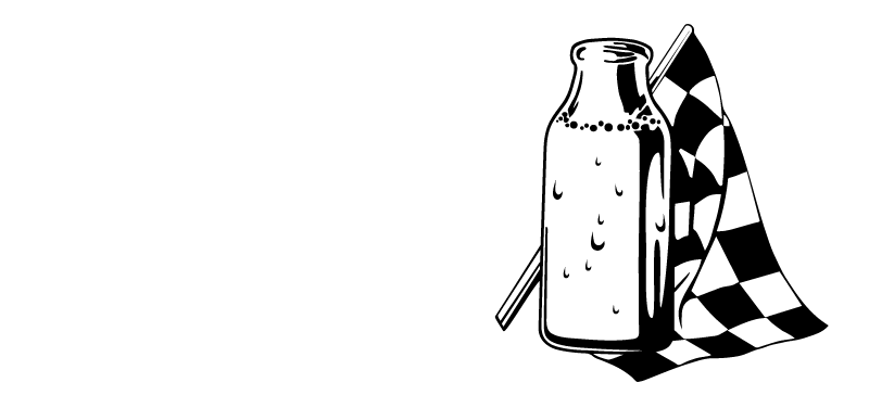 “Winners Drink Milk” graphic in bold white lettering beside an illustrated milk bottle with condensation droplets and a striped straw, set against a black background with a waving checkered race flag.