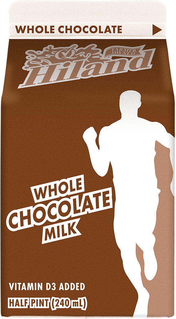 Hiland whole chocolate milk half pint carton with brown background featuring a running athlete silhouette