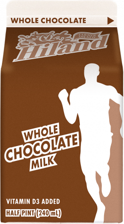 Hiland whole chocolate milk half pint carton with brown background featuring a running athlete silhouette