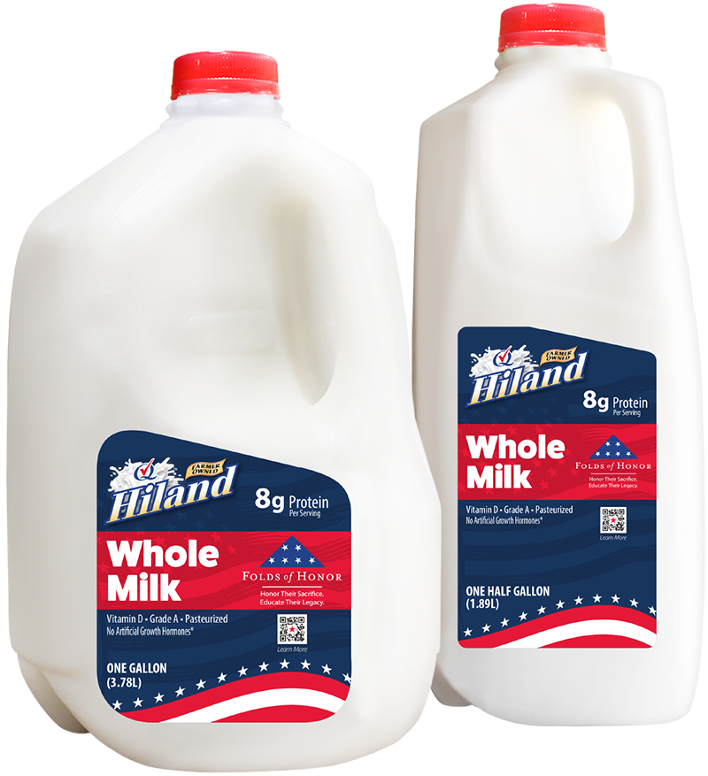 One-gallon and half-gallon jugs of Hiland Whole Milk with special labeling showing support for Folds of Honor.