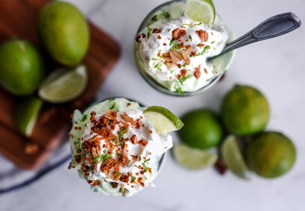 overhead image of two servings of Key Lime Pie Mousse Parfait