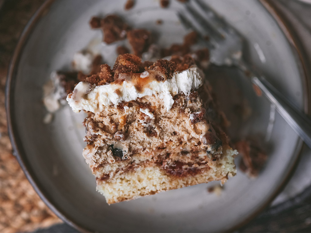 close up of a piece of Coffee Cake Ice Cream Cake