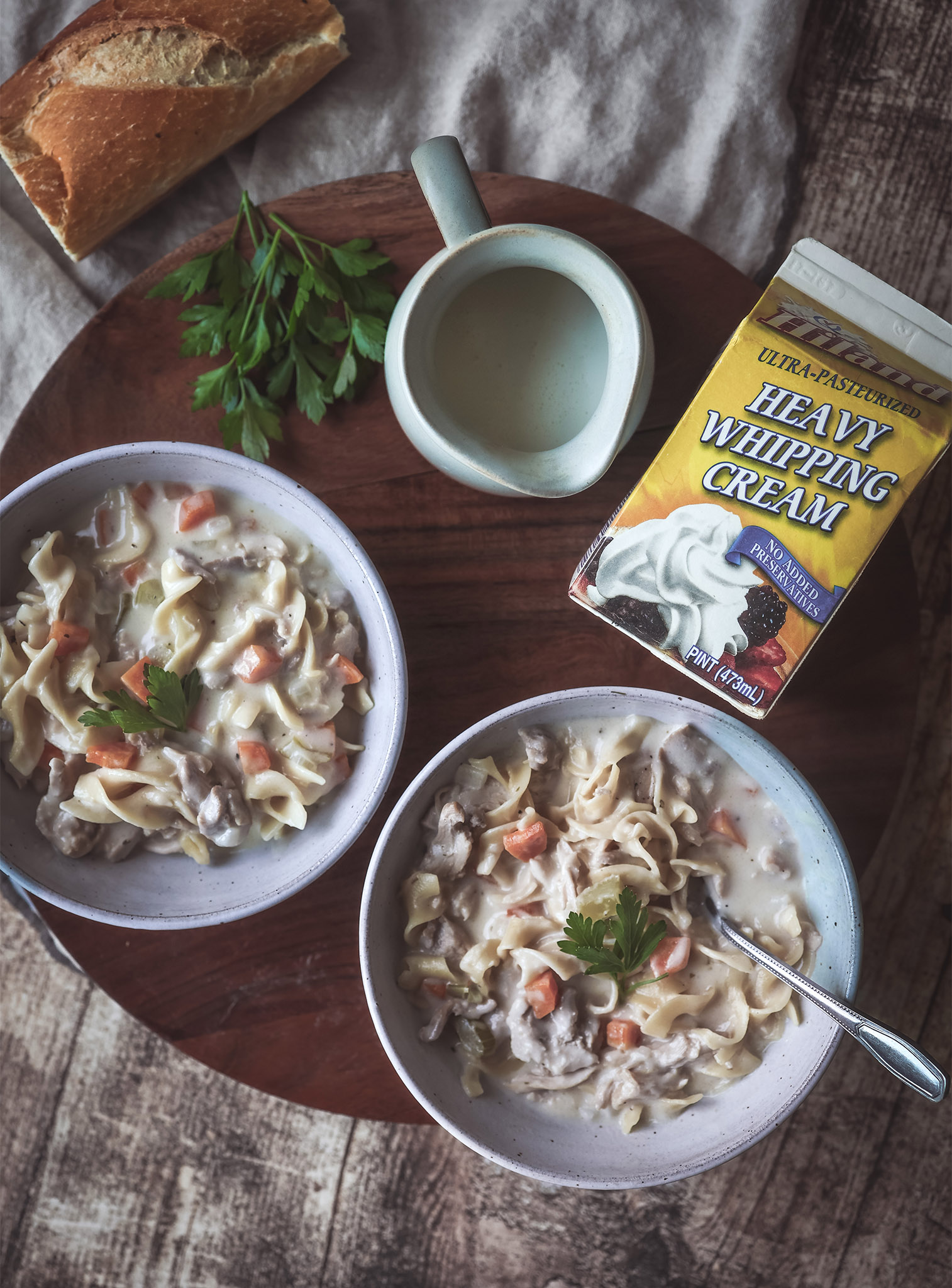 Creamy Chicken Noodle Soup with a carton of Hiland Heavy Whipping Cream