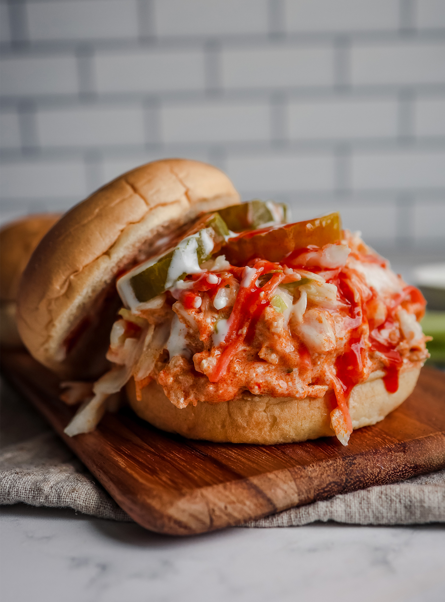 close up of Slow Cooker Buffalo Chicken Sandwich