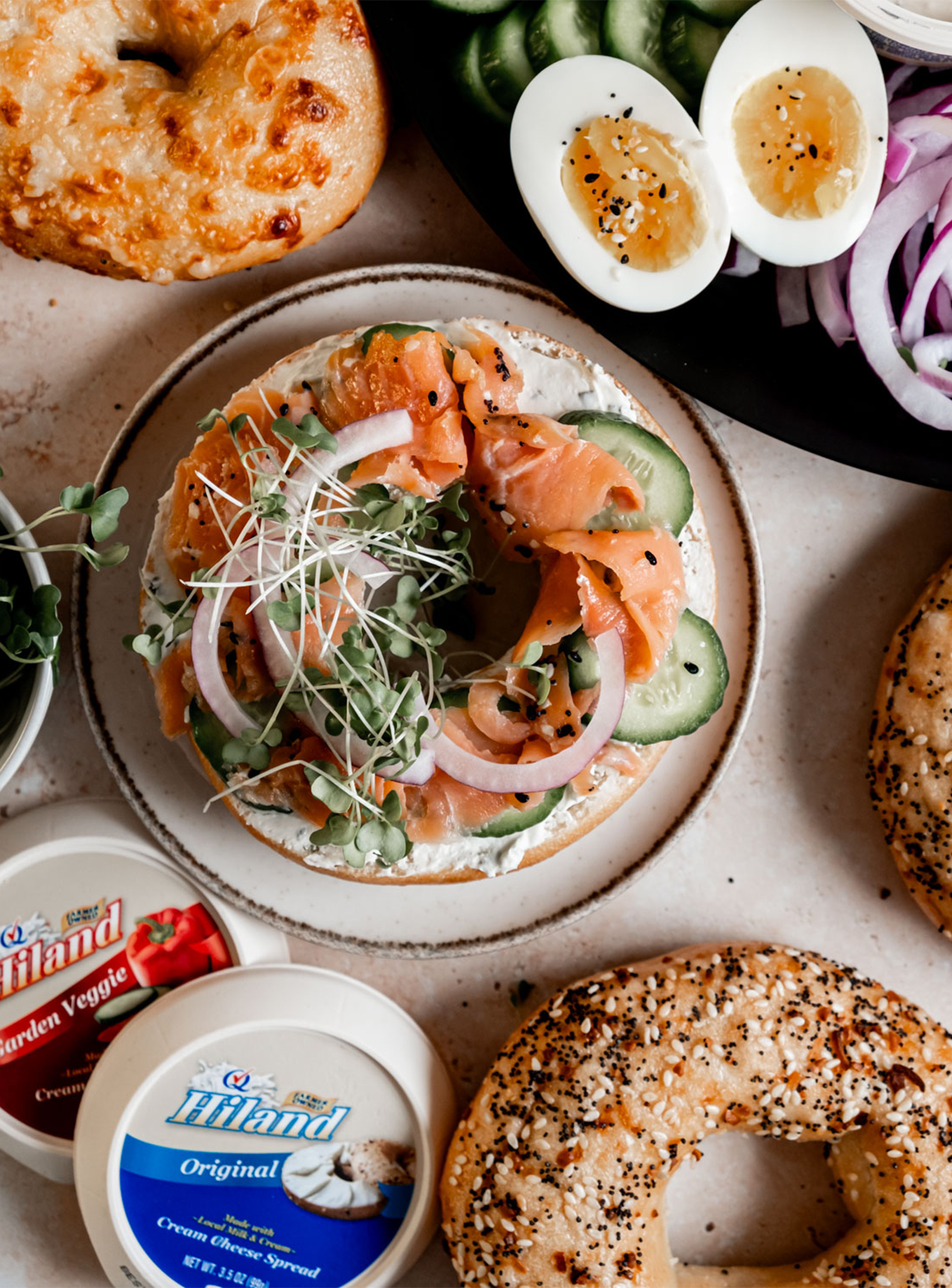 Bagel with Hiland Dairy Cream Cheese and various toppings