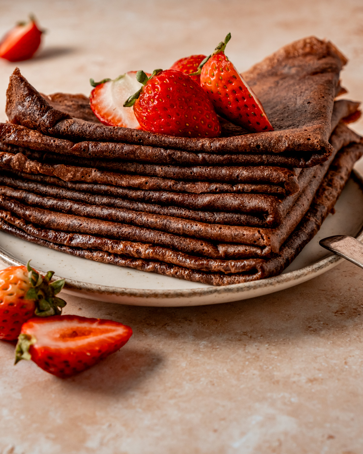 Stack of Chocolate Crepes viewed from the side